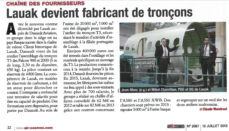 assemblage des tronçons T3 Falcon Dassault-Aviation par Lauak