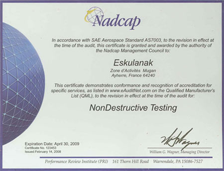 ESKULANAK accrédité NADCAP NONDESTRUCTIVE TESTING